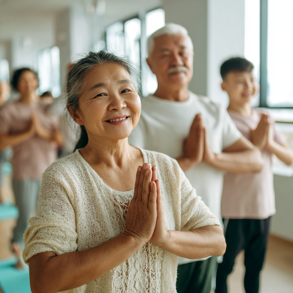Группа улыбающихся взрослых людей казахской национальности разных возрастов практикует йогу на коврикax в светлой студии с растениями