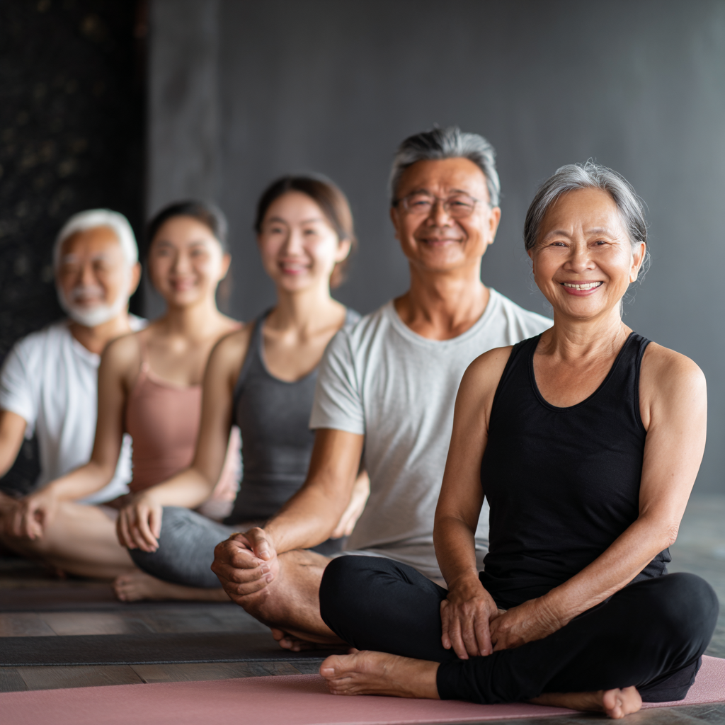 Спокойная взрослая женщина казахской национальности выполняет вечернюю йога-практику в уютной комнате с мягким освещением