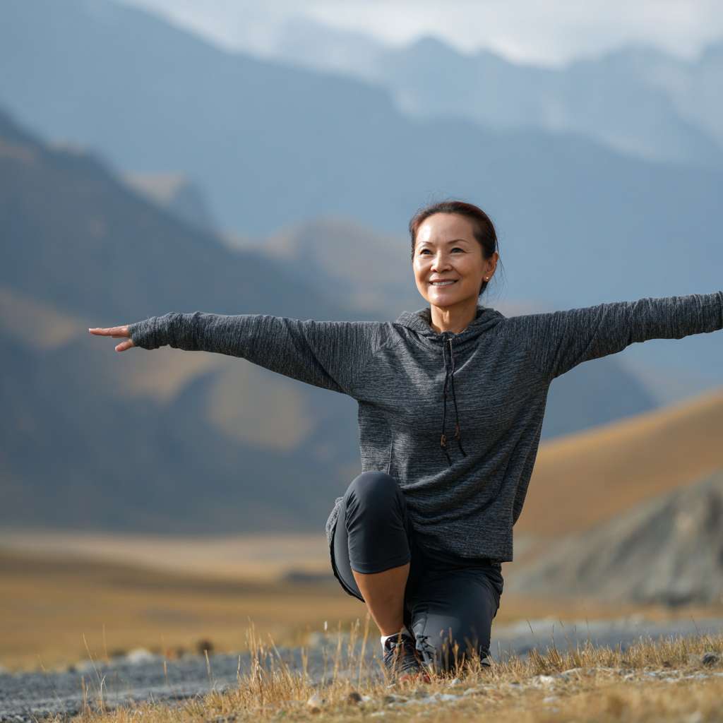 Группа взрослых людей казахской национальности разных возрастов медитирует в позе лотоса в тихой студии йоги с естественным освещением